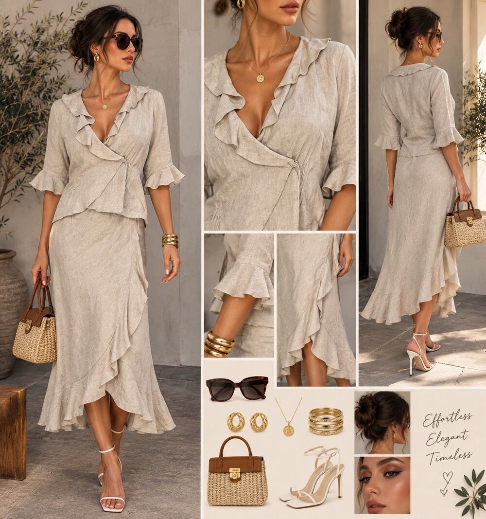 Chalet Linen beige Skirt Set size small wrap style with ruffles 3/4 sleeves